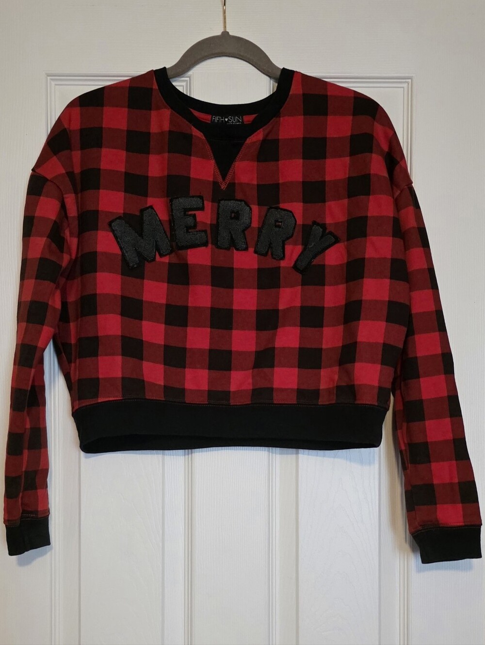 Fifth Sun Red and Black Buffalo Plaid 'Merry' Crewneck Sweatshirt